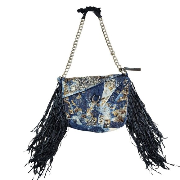 Cecilia De Bucourt Harrow Studded Denim Hobo Tote Distressed Leather Fringe‎ NEW - Picture 1 of 16